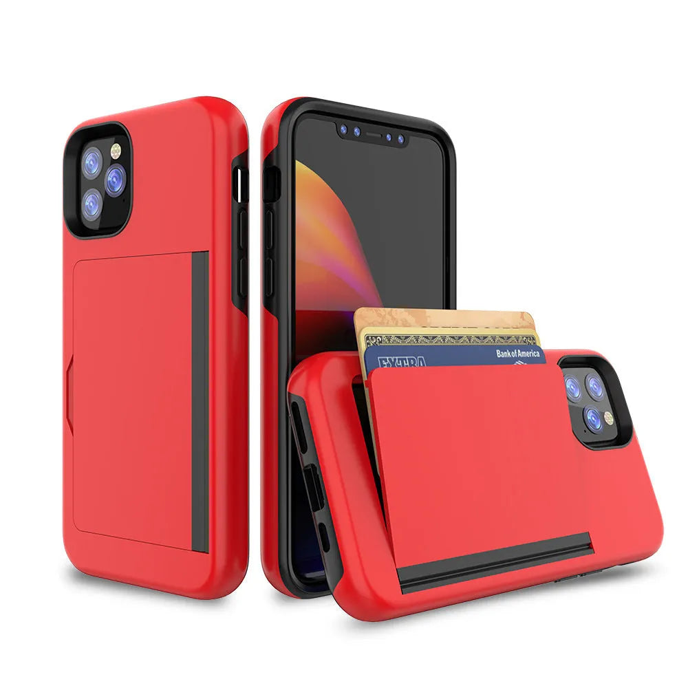 Solid colour iPhone case with hard back and flexible sides for iPhone 11, 11 Pro, and 11 Pro Max in black, blue, red, and purple.