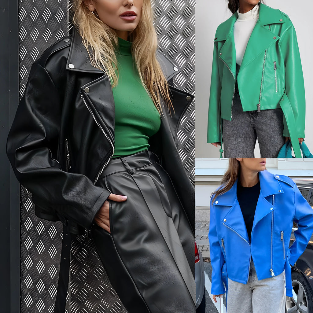 Punk short black jacket with lapel, belt, and Peter Pan collar on a model.