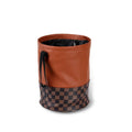 Retractable leather car trash can shown in expanded and collapsed positions