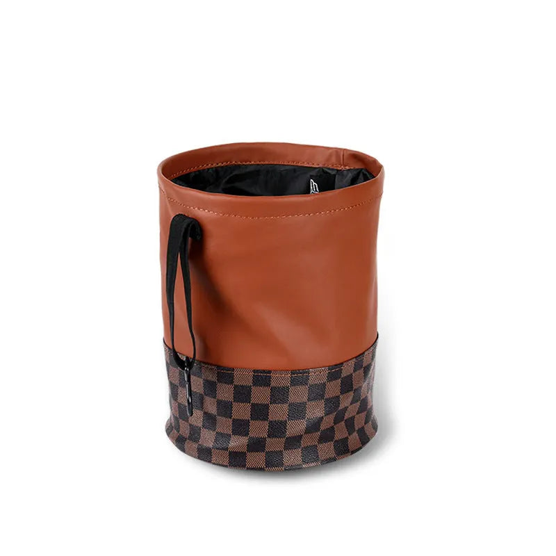 Retractable leather car trash can shown in expanded and collapsed positions
