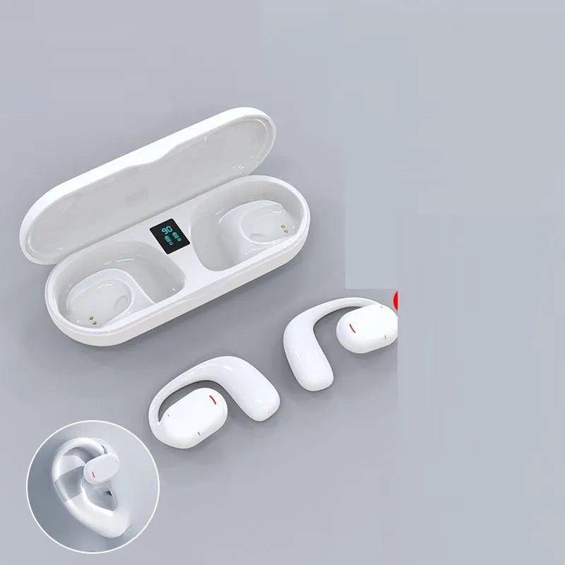 Black and white wireless Bluetooth earplug headphones with charging case showing bilateral stereo design