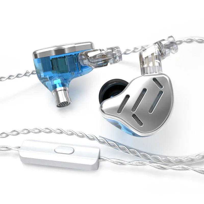KZ ZAX black and silver blue in-ear headphones with 3.5mm L-bend plug and optional microphone.