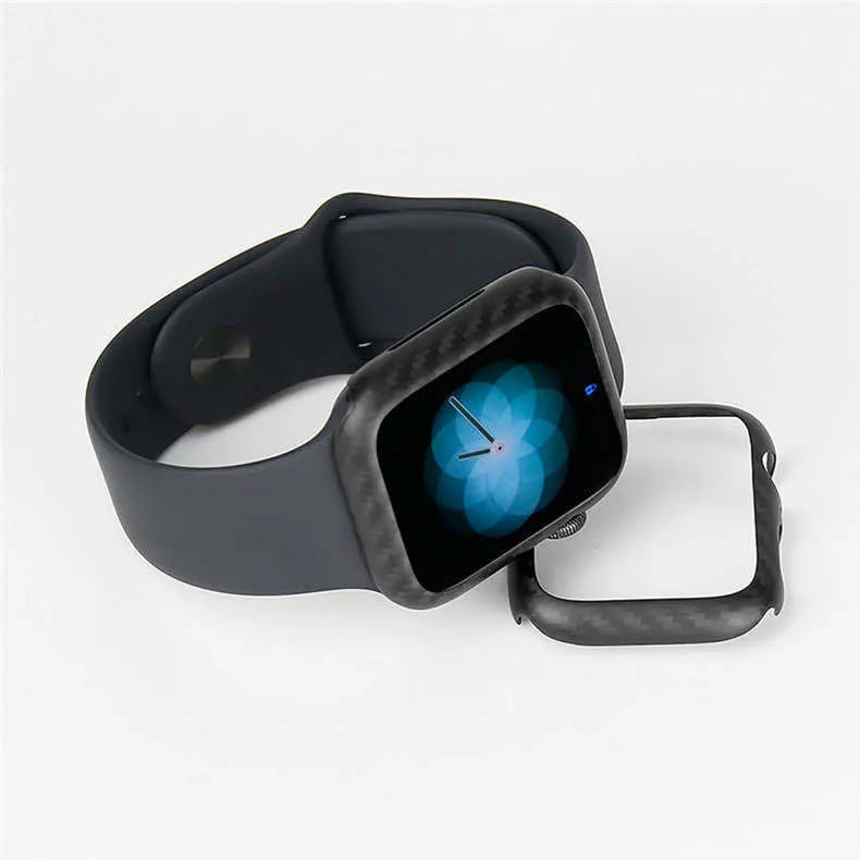 Apple Watch 4 protective case in half wrap leather design with carbon fibre detailing for 44mm models