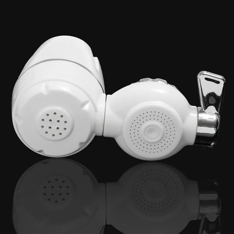 White plastic faucet water filter with ceramic cartridge and universal adapters for kitchen tap installation