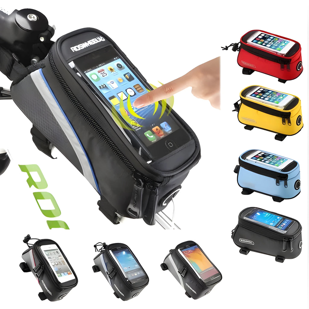 ROSWHEEL PVC bicycle frame bag phone holder for iPhone in black, mounted on bike handlebars.