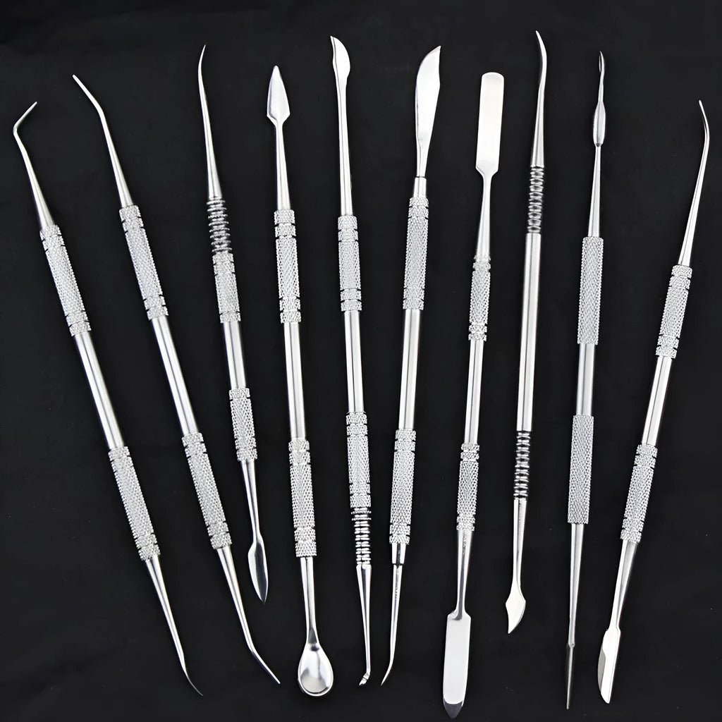 Stainless steel clay knife set of 10 pieces with photo colour finish on a neutral background