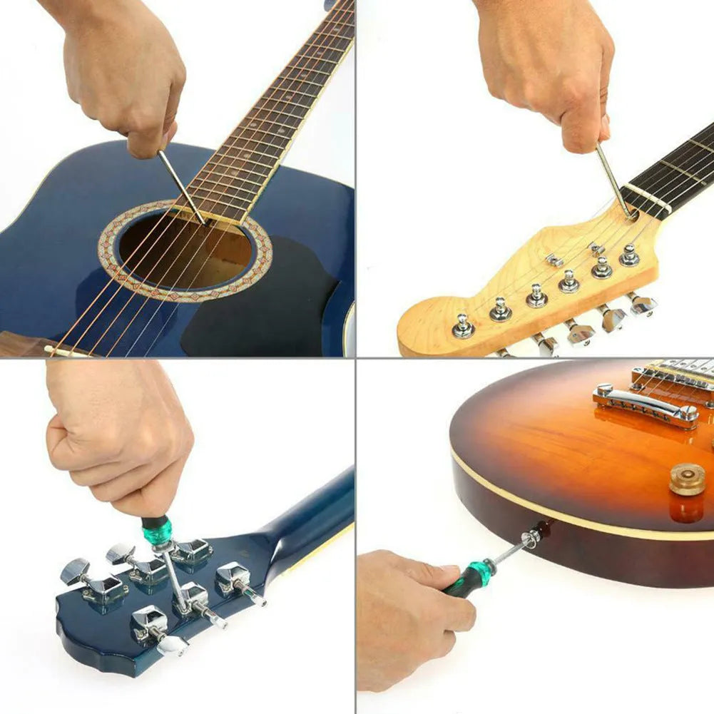 Black plastic case of a guitar repair tool kit for guitar, bass, mandolin, and banjo maintenance.