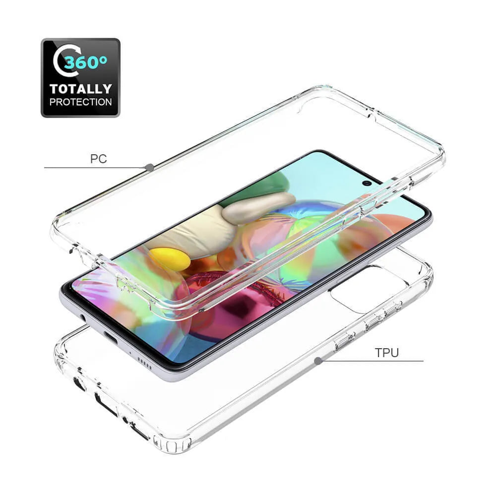Transparent all-inclusive mobile phone case for Samsung Galaxy phones on a table.