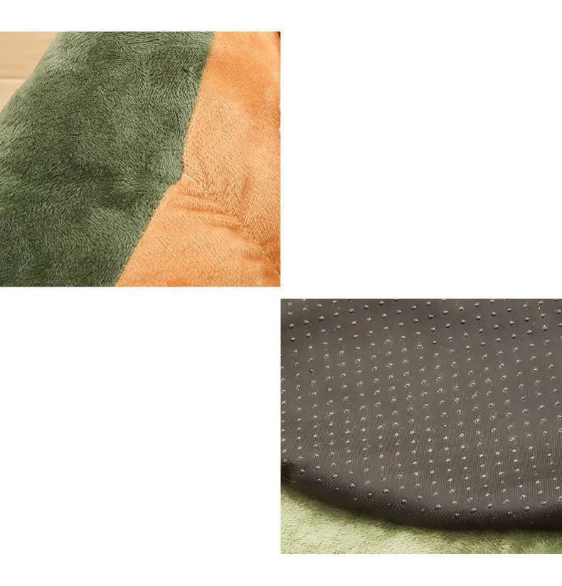 Coffee-coloured cotton pet bed house for a cat, showing plush cushion inside.