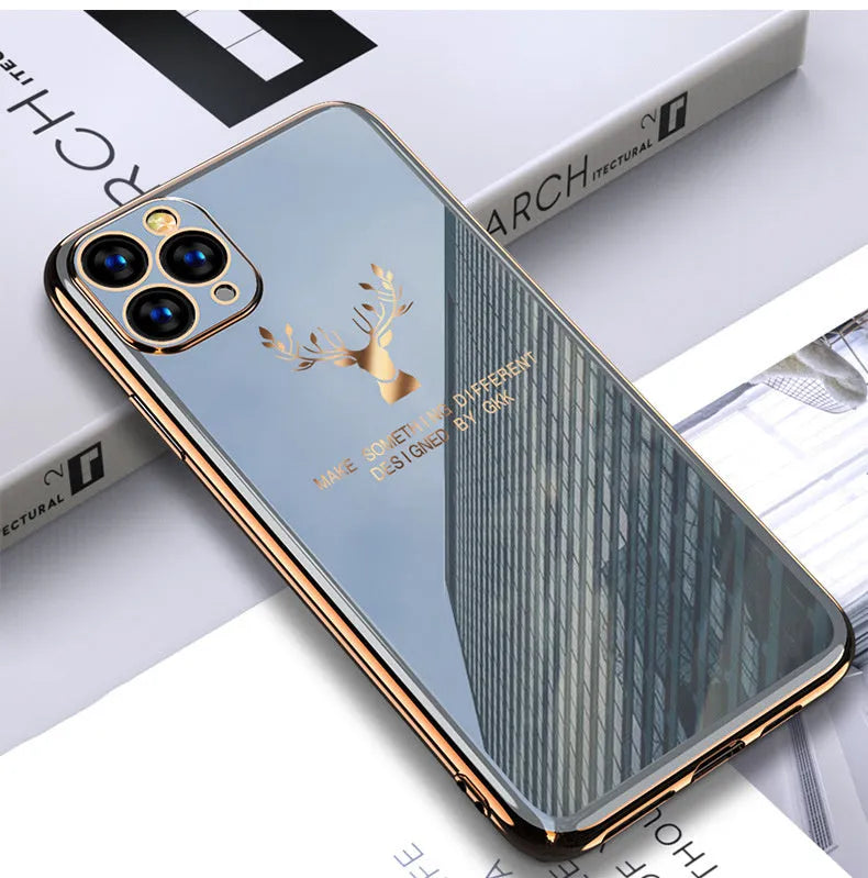 Black TPU phone case with full camera lens coverage for iPhone models on a solid background.