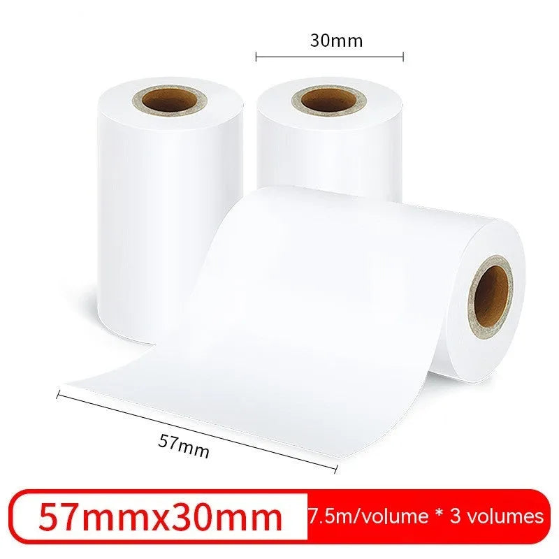 Three rolls of 57mm by 30mm thermal paper for small printers in box packaging