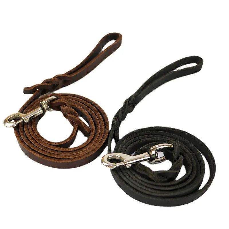 Genuine cowhide leather dog walking rope for large breed dogs, shown in light brown colour.
