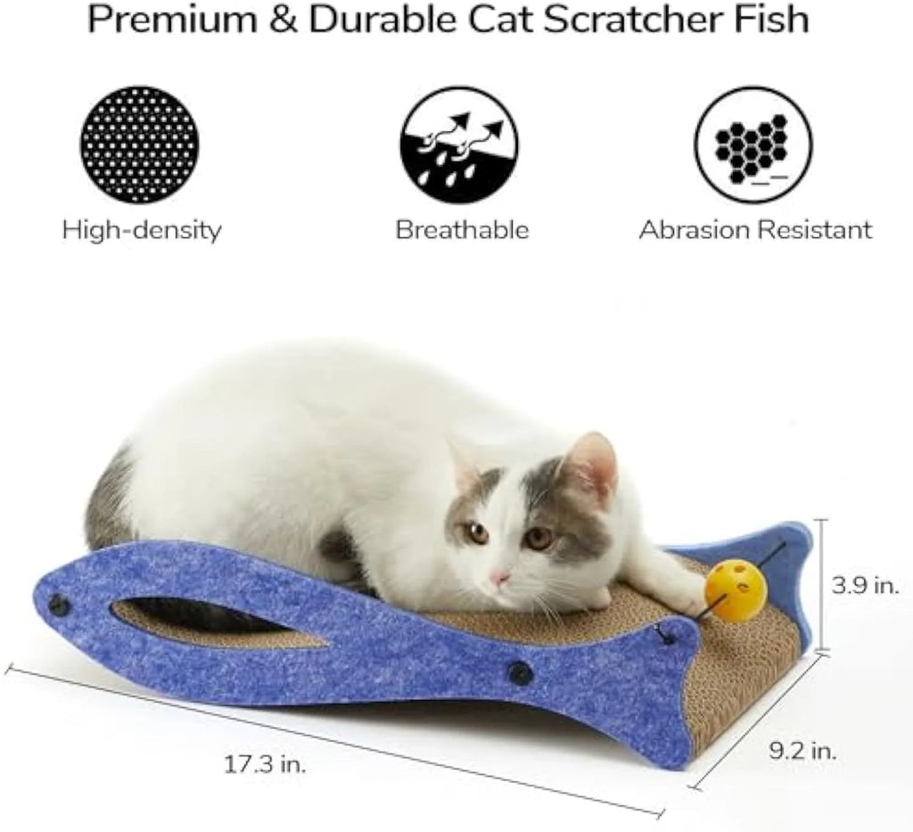 Blue fish-shaped cardboard cat scratcher with a wavy lounge surface and a red bell toy on a string.