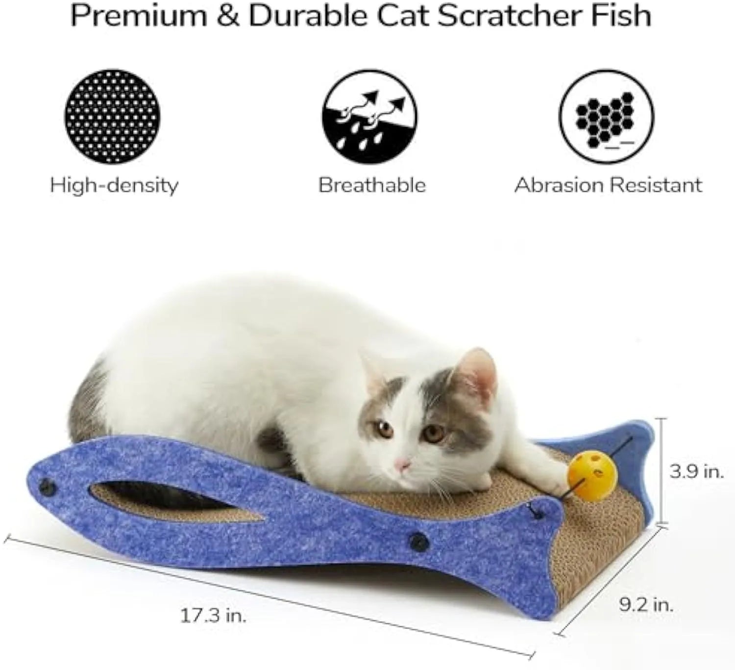 Blue fish-shaped cardboard cat scratcher with a wavy lounge surface and a red bell toy on a string.