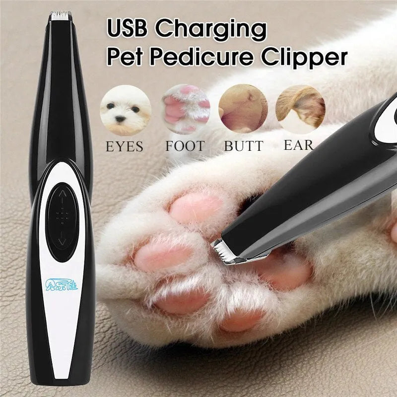 Black pet hair clippers with ceramic blade and USB charging, ABS plastic body, 300mA current.