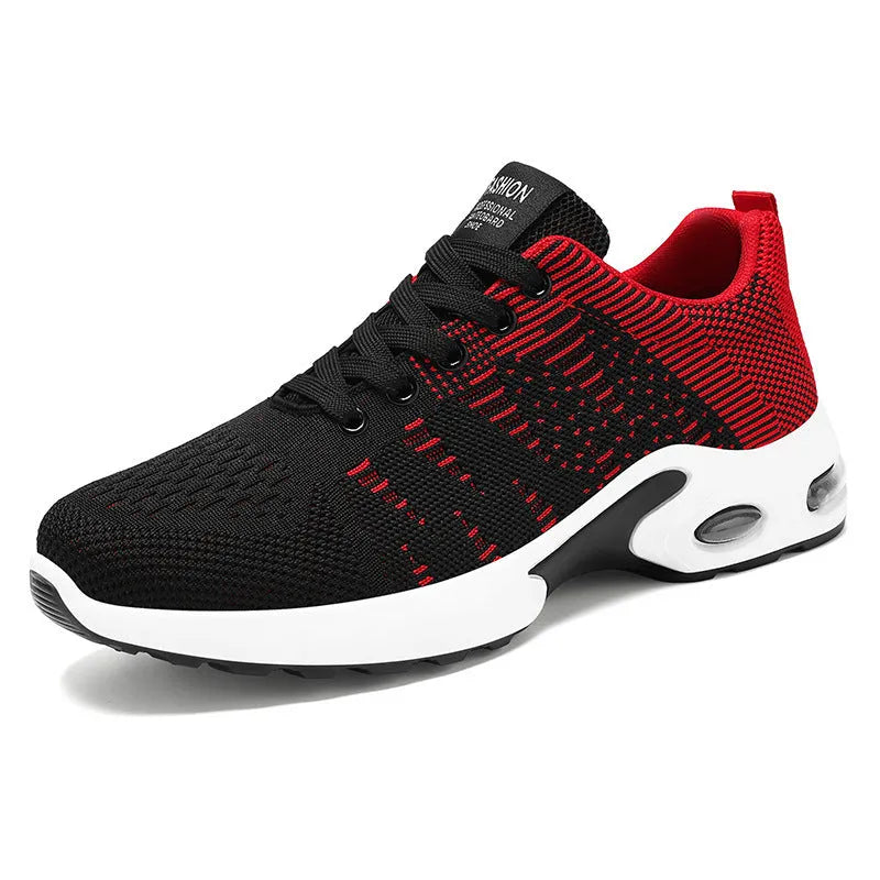 Men's low-top casual sneakers in black and blue with Flyknit mesh upper and lace-up front.