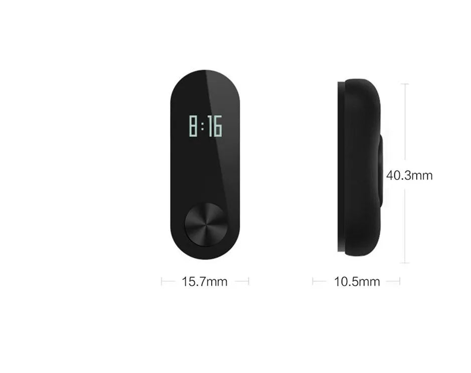 Black Xiaomi Mi Band 2 smart wristband with OLED screen on a textured thermoplastic elastomer strap.
