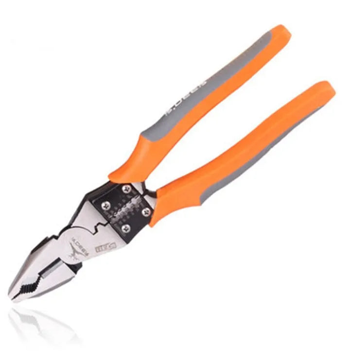 Orange multi-function wire cutter pliers with alloy steel head and PVC handle.