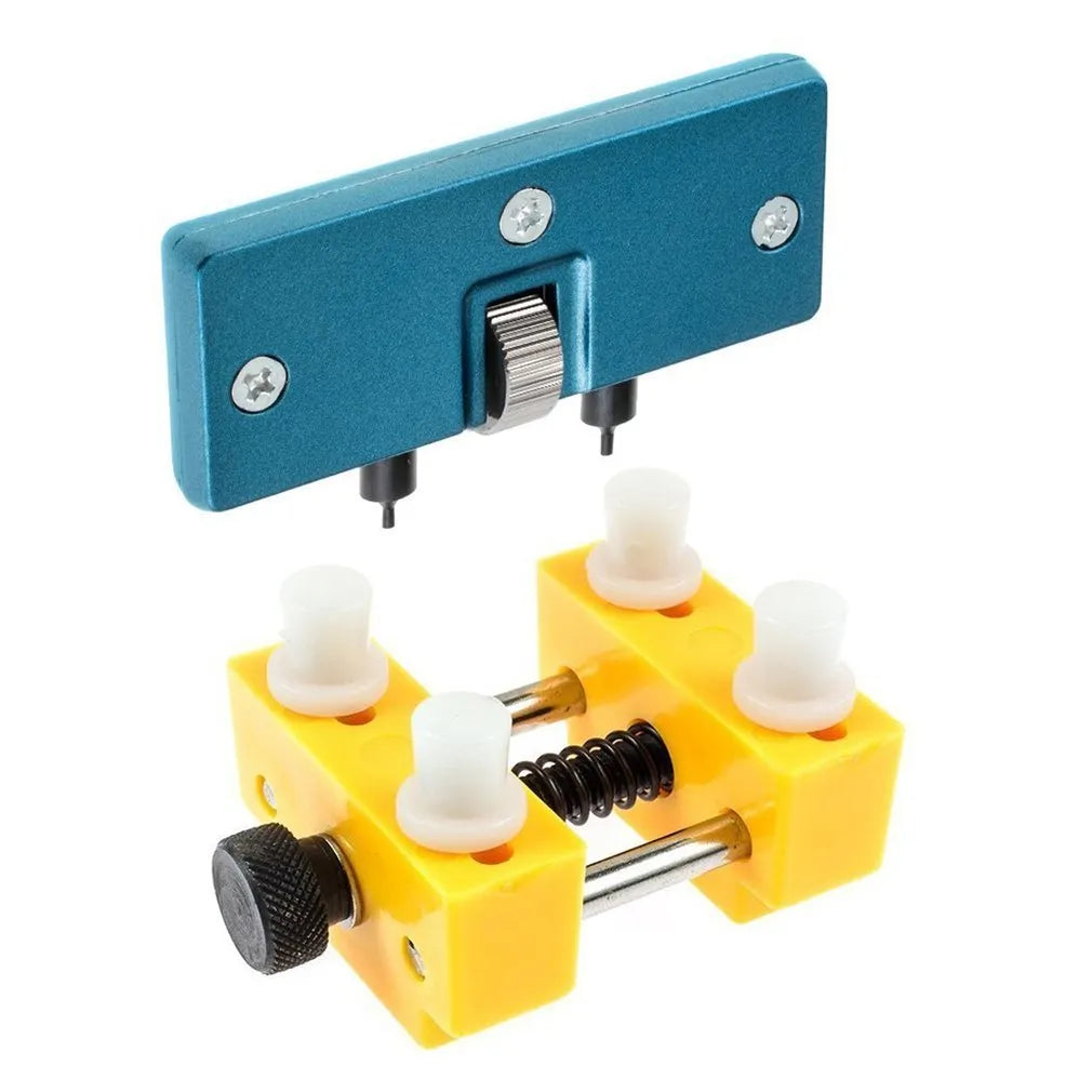 Yellow plastic watch repair case opener kit with mounting base and four positioning pillars