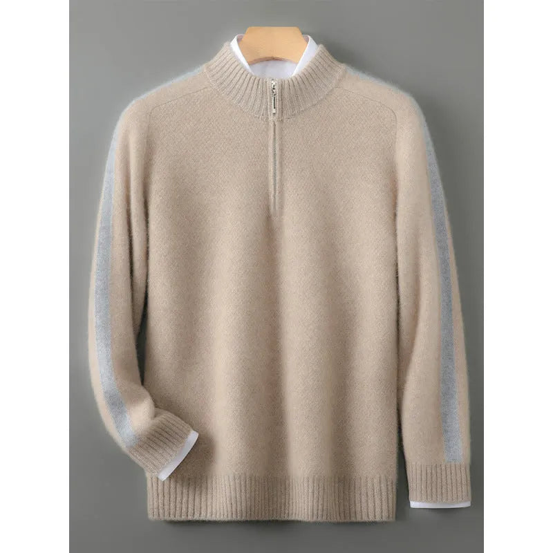 Sheep wool half-zip round neck knitted sweater in slim fit plus size design