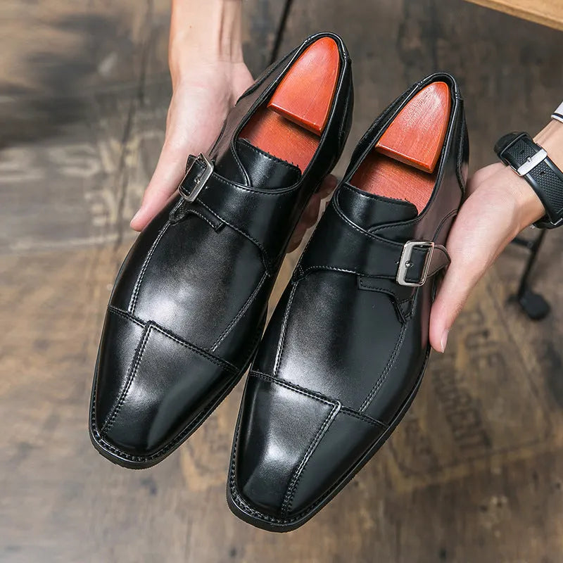 Men's brown blue retro style casual leather shoes with a buckle fastening.