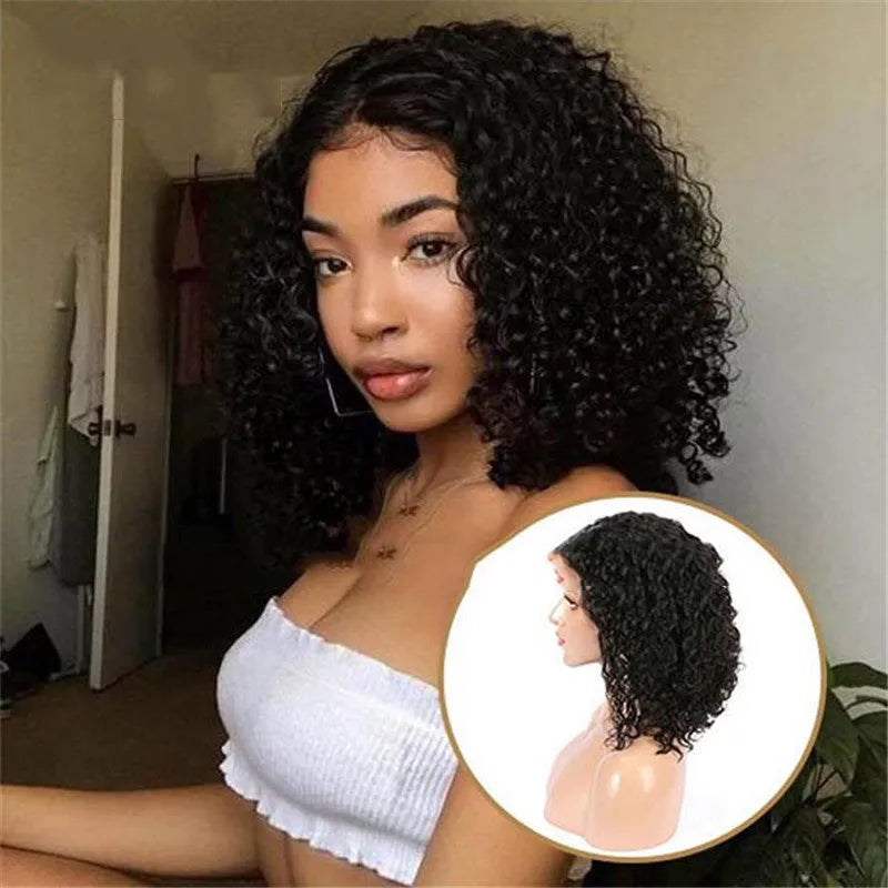 BOB Kinky Curly real hair wig for ladies, short black colour with Qi bangs, 150% density