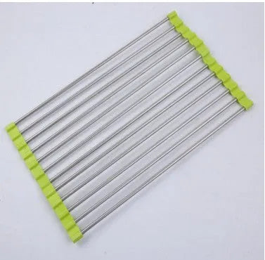 Folding stainless steel kitchen drain sink rack with collapsible design for dish organisation