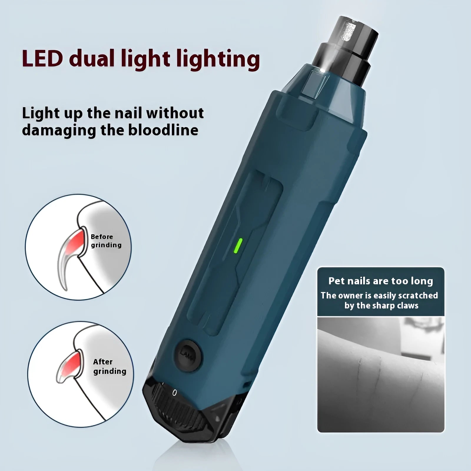 Dark blue automatic pet nail grinder with six-speed control knob and LED light