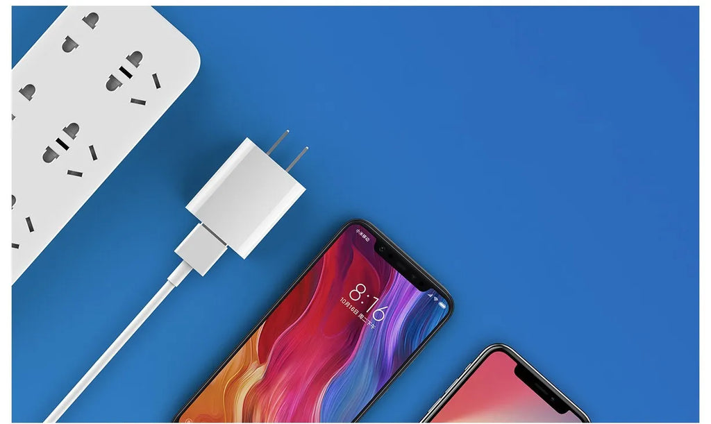 White Mi USB Fast Charger model MDY-08-EH with three-step output on plain background