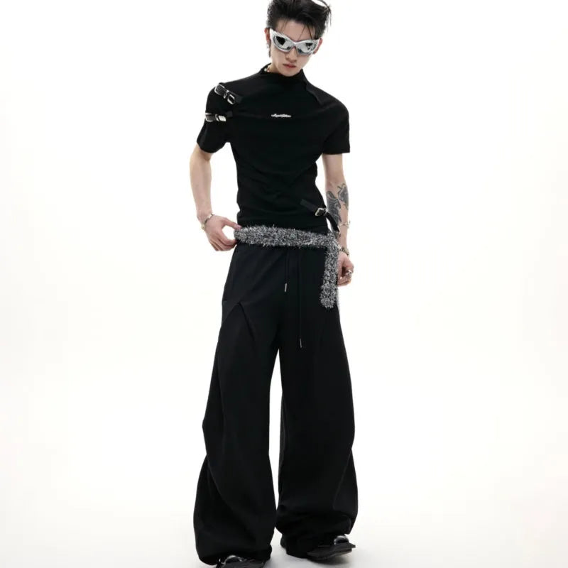 Men's slim fit black cotton T-shirt with a metal belt design on the front.