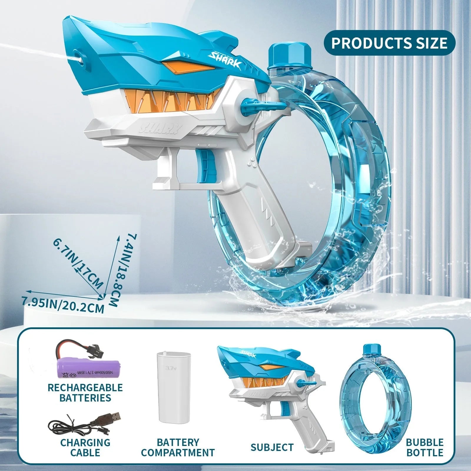Blue Shark-shaped electric water gun toy with a large tank, placed on a sandy beach.