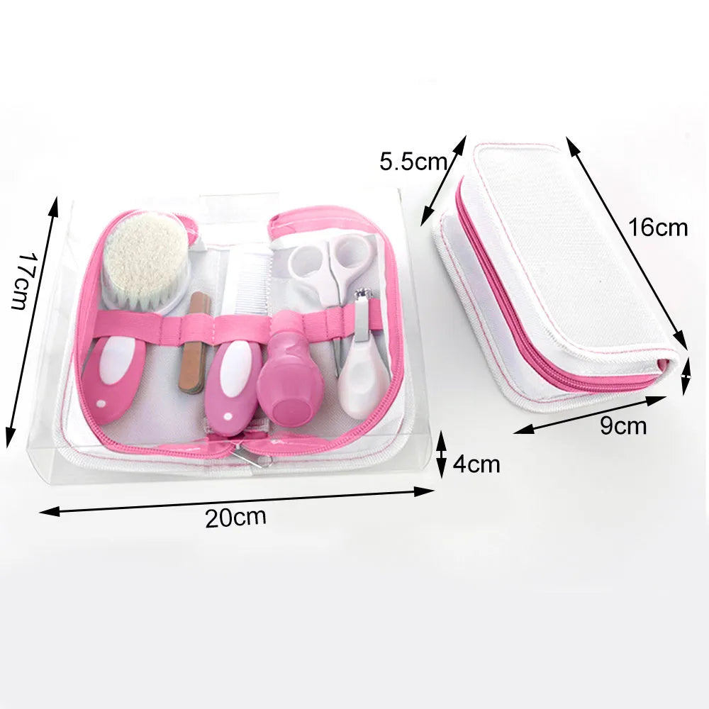 Cherry pink baby nail comb care set with 6 grooming tools including brush and scissors