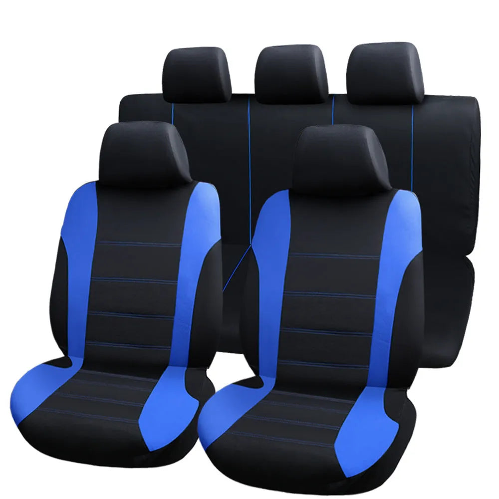 Blue grey red car seat cover set for front and rear seats with headgear protection fabric material