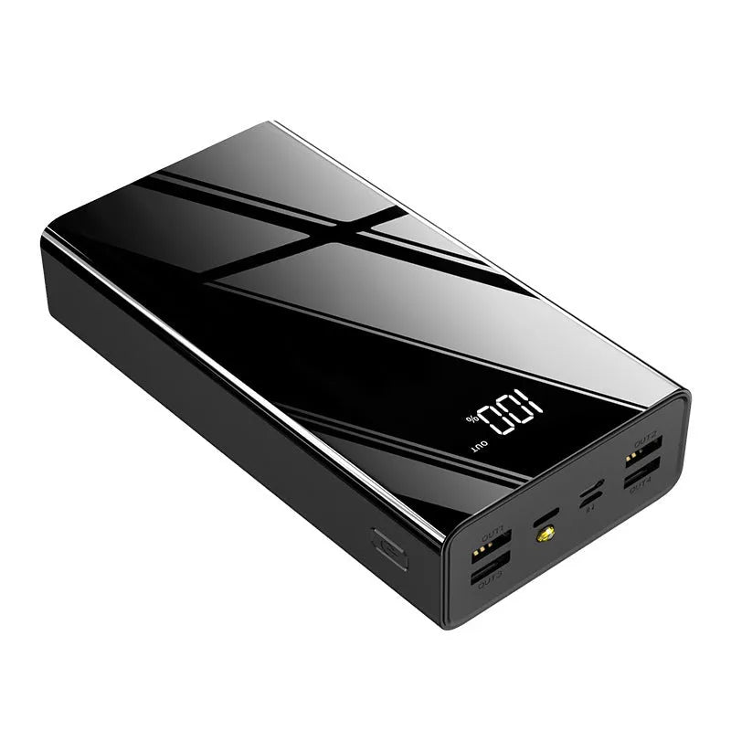 Large black or red 40000mAh power bank showing LCD display with plastic case.