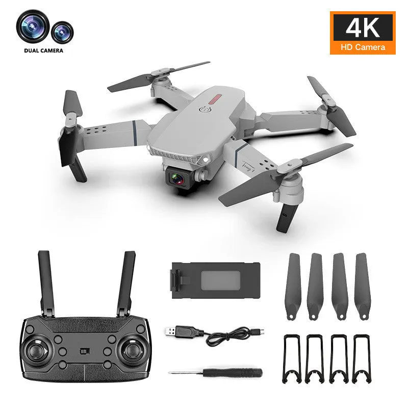 Grey foldable 4K drone with dual camera mounted on ABS body with LED lights