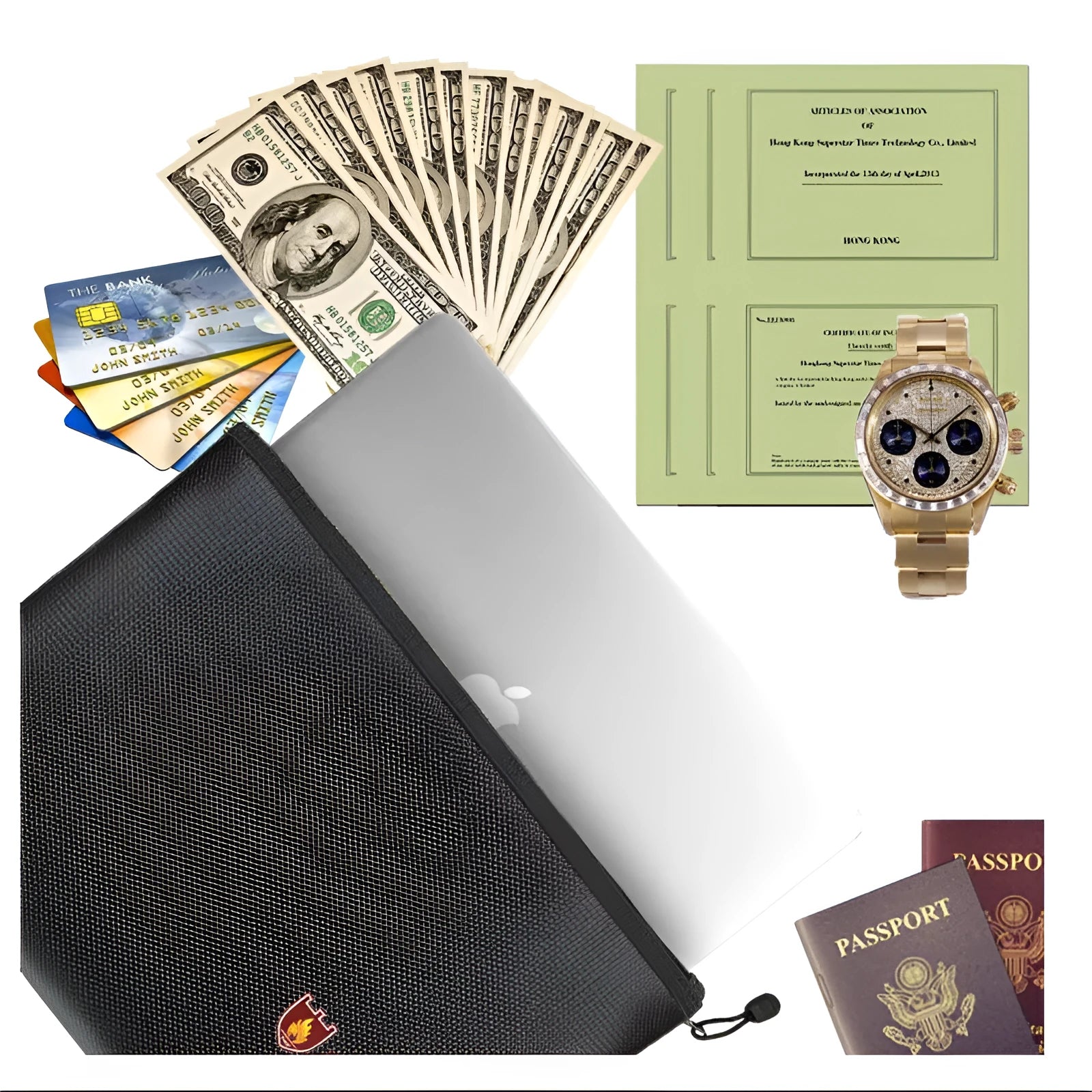 Black fireproof contract document bag showing three size options for secure paper storage