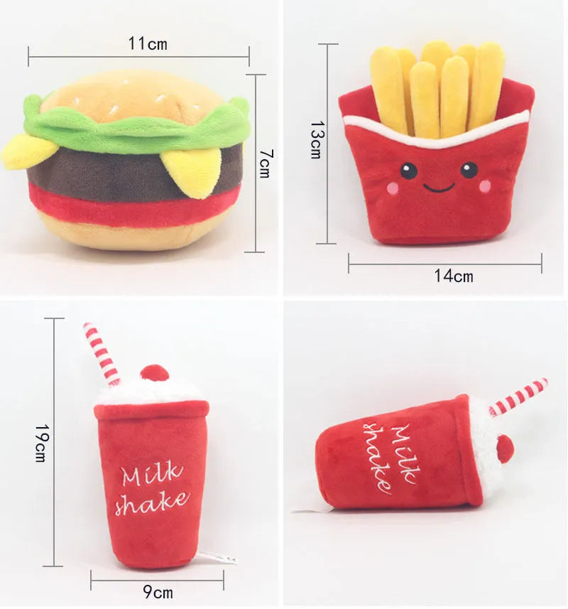 Plush dog toys with squeakers in milkshake cup, hamburger, and french fries colour designs