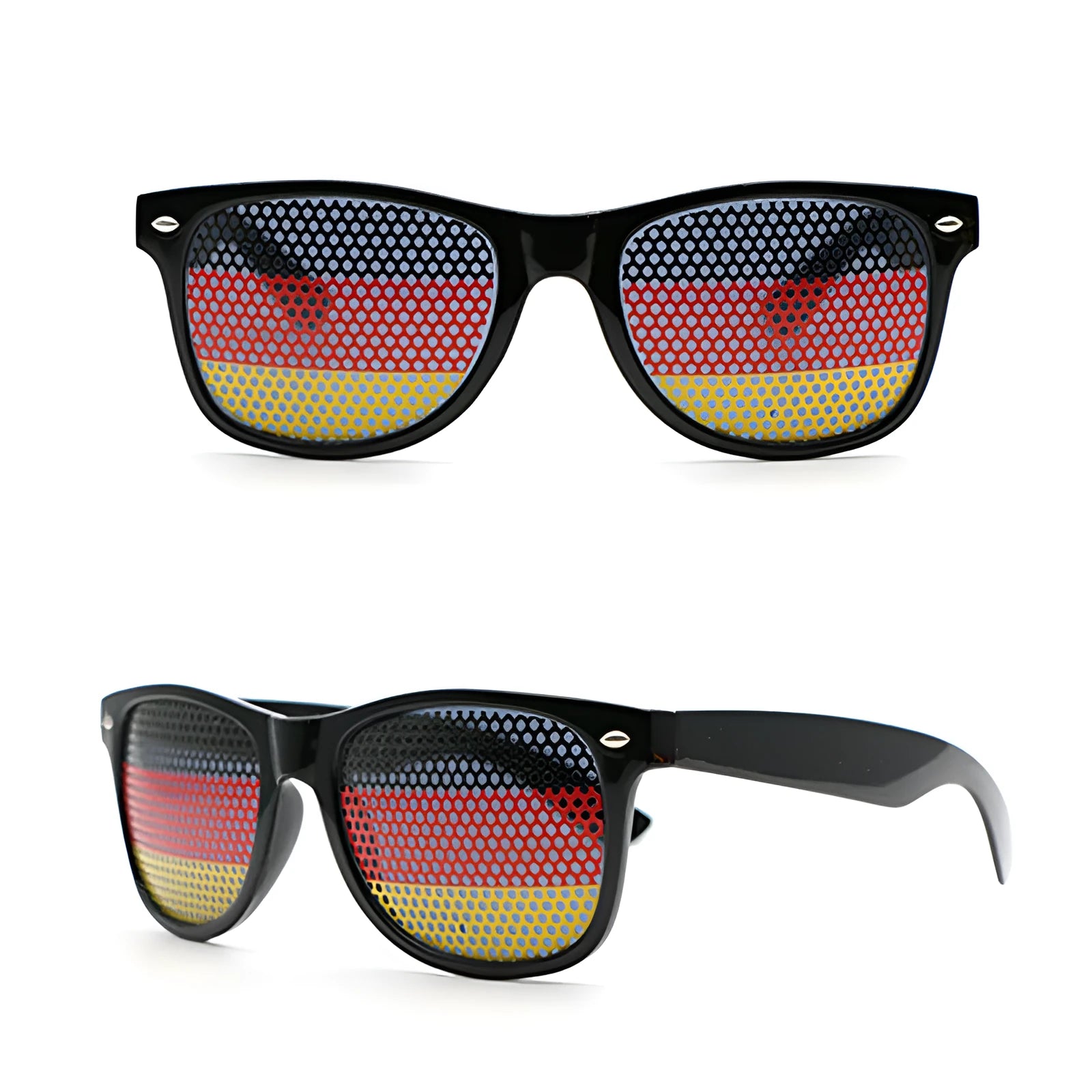 Black frame sunglasses with flag sticker design on lenses in various national colours for party gatherings