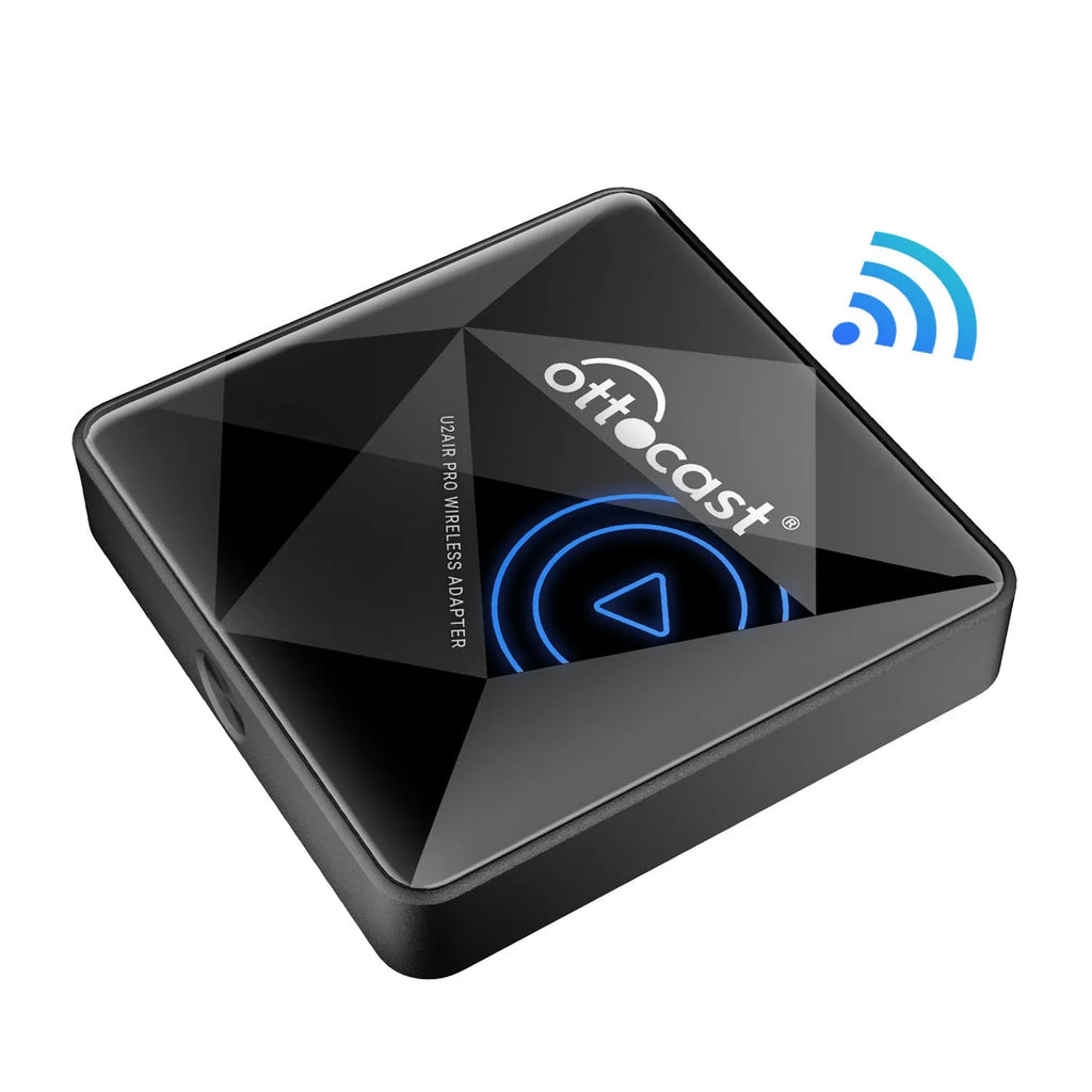 Black wireless car Bluetooth AIBOX box with Type-C port measuring 59x59x150mm