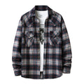 Men's long sleeve flannel plaid shirt jacket in loose fit, brushed material with corduroy collar and cuffs, black colour