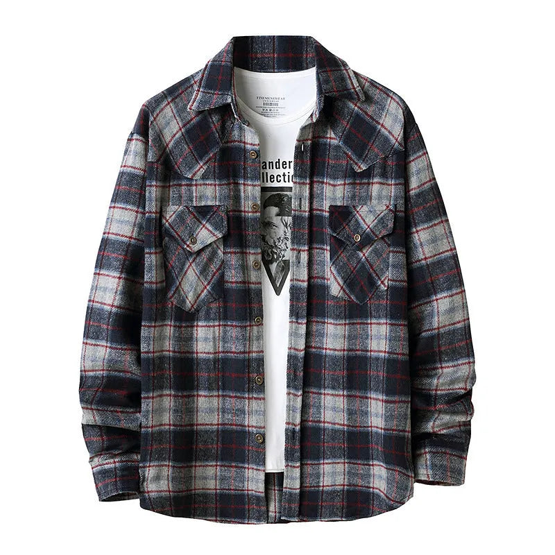 Men's long sleeve flannel plaid shirt jacket in loose fit, brushed material with corduroy collar and cuffs, black colour