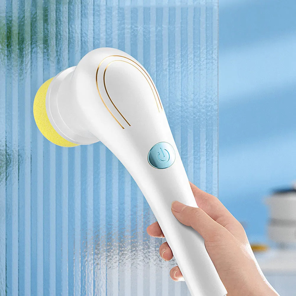 White cordless electric scrubber with five brush heads for household cleaning