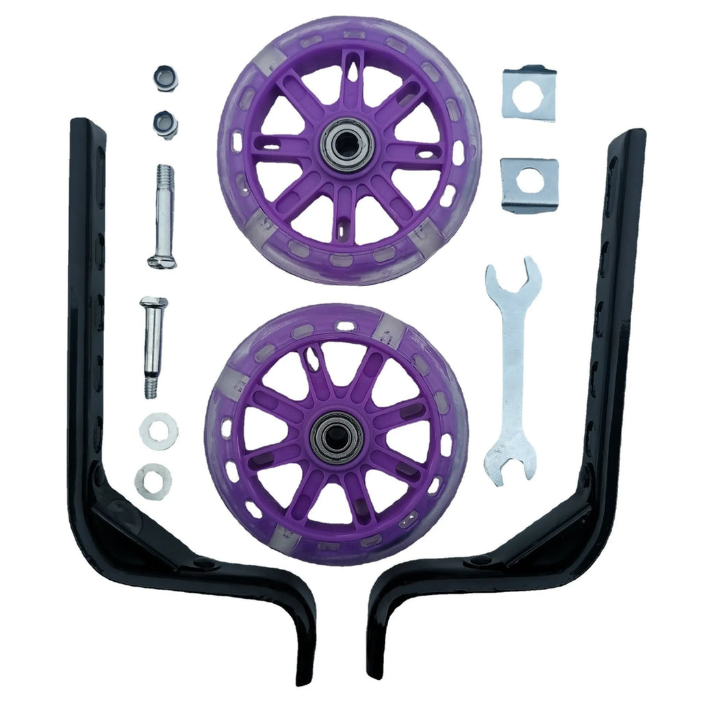 Children's bicycle training wheels kit with universal bracket, shown in assorted colours.