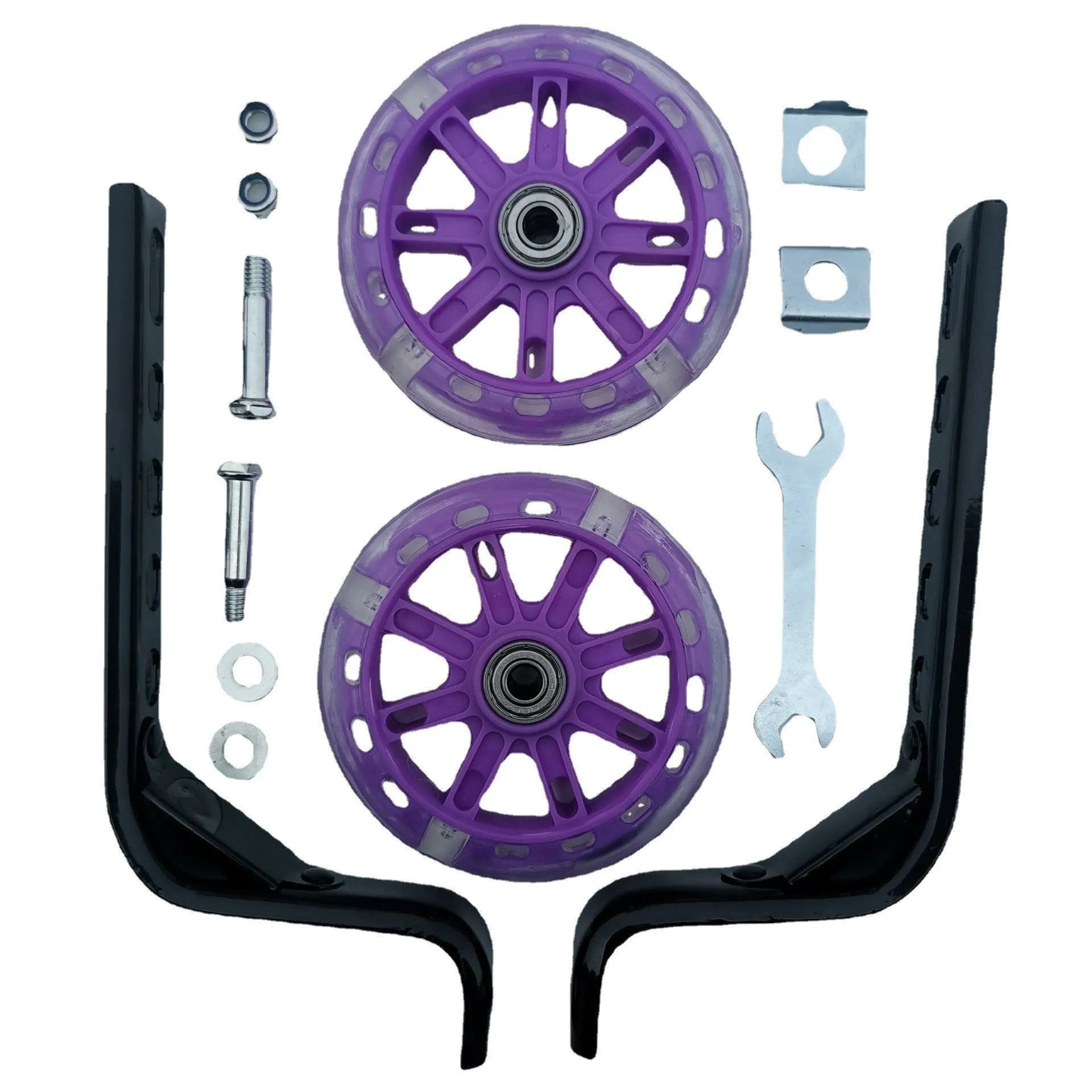 Children's bicycle training wheels kit with universal bracket, shown in assorted colours.