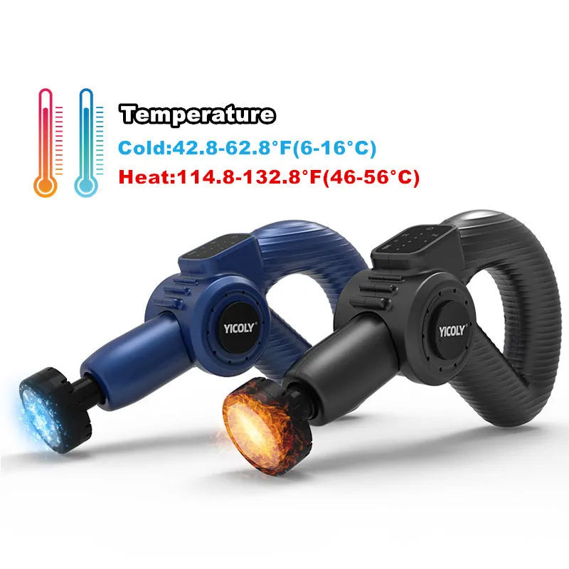 Black intelligent muscle massage gun with multiple massage heads for hot and cold compress therapy