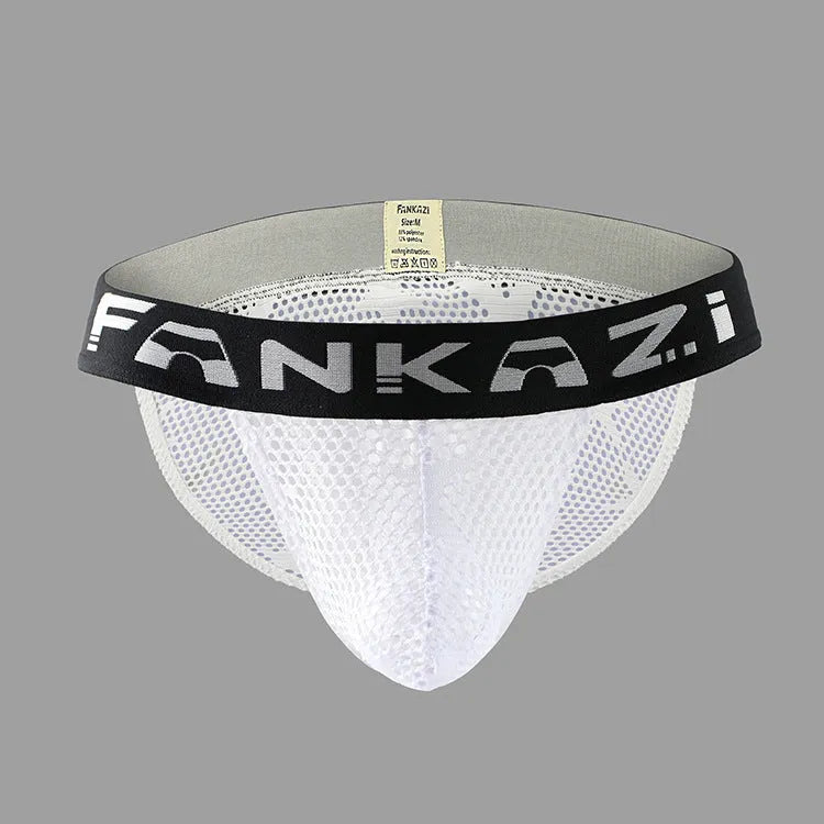 Men's black low waist briefs with a mesh breathable design and hollow high fork