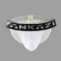 Men's black low waist briefs with a mesh breathable design and hollow high fork