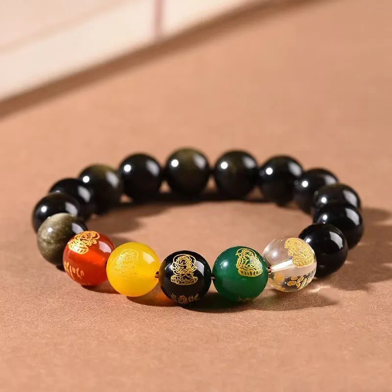 Single circle five gods of wealth bracelet with rainbow eye obsidian beads and zodiac modelling.