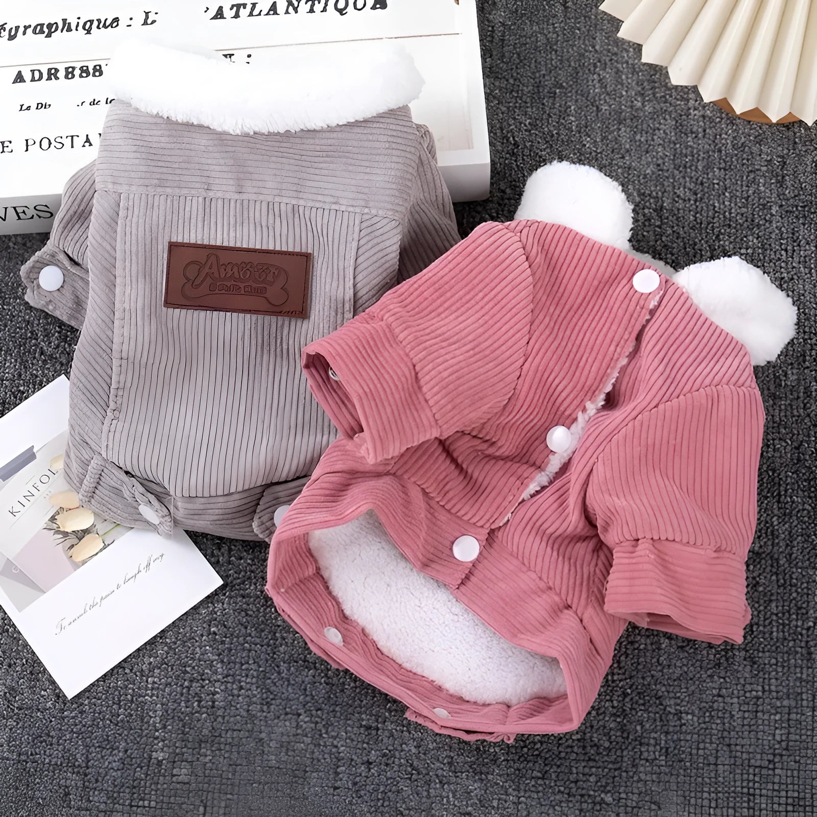 Grey lambswool dog vest with fleece lining for winter warmth on small breed pet