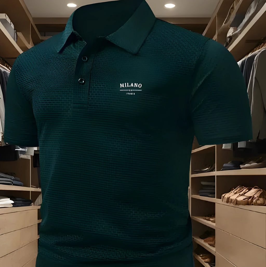 Men's loose fit lapel collar polo shirt in pinhole cloth fabric, shown in a available colour.